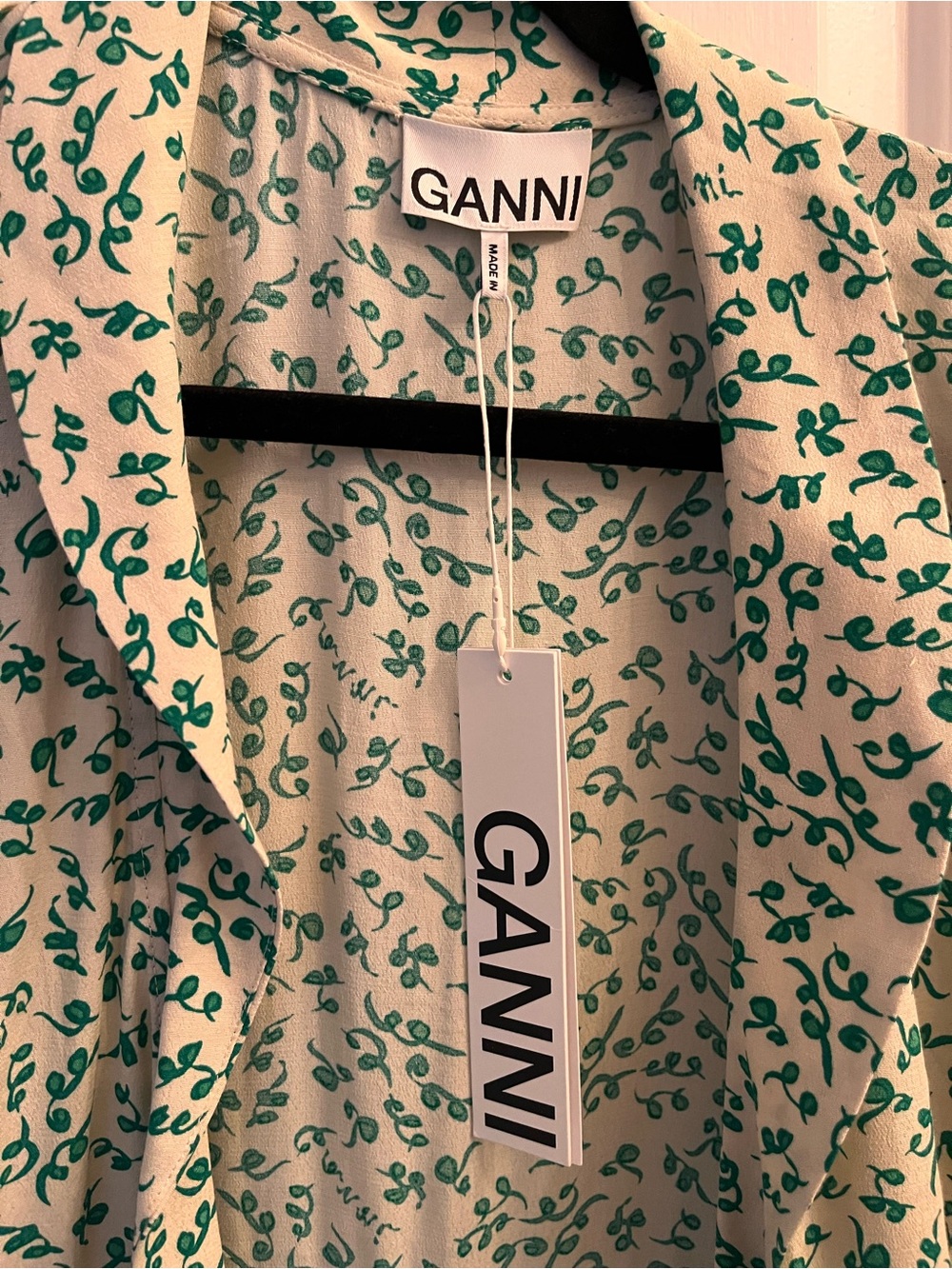 Ganni Cream Blouse with Green Vine Print